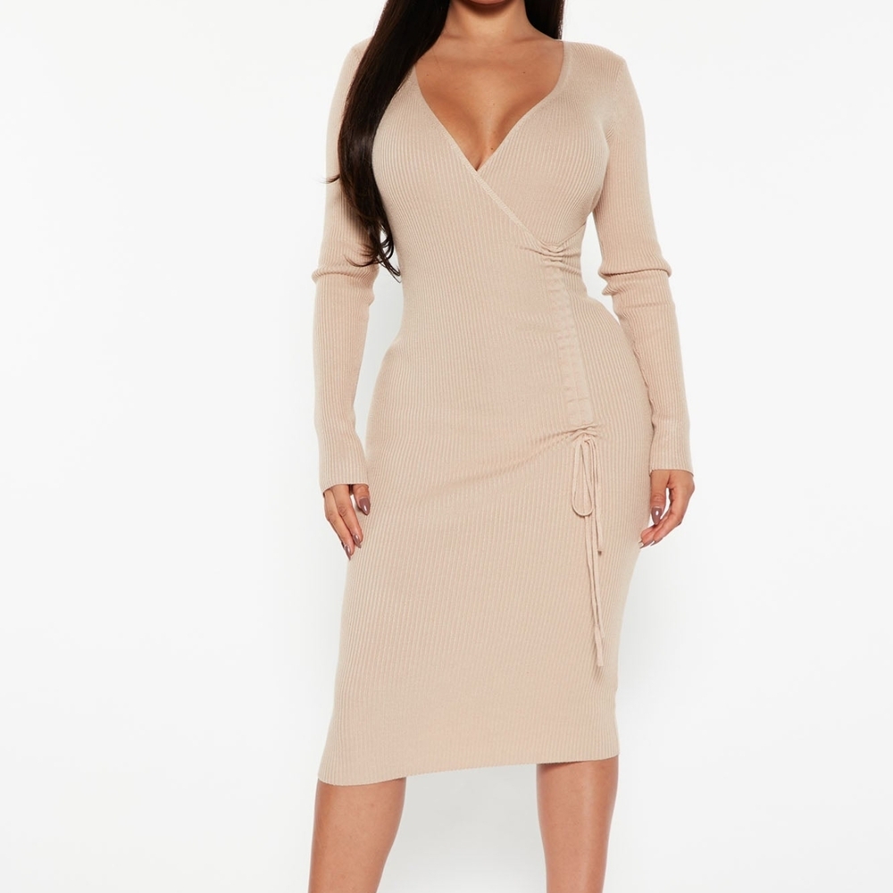 Fashion Nova Nude Ribbed Wrap Midi Dress